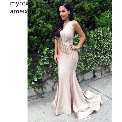 Light Champagne Mermaid Sexy Cheap Evening Dresses 2019 Wear V Neck Pleats Prom Sweep Train Zipper Back Prom Party Formal Gowns