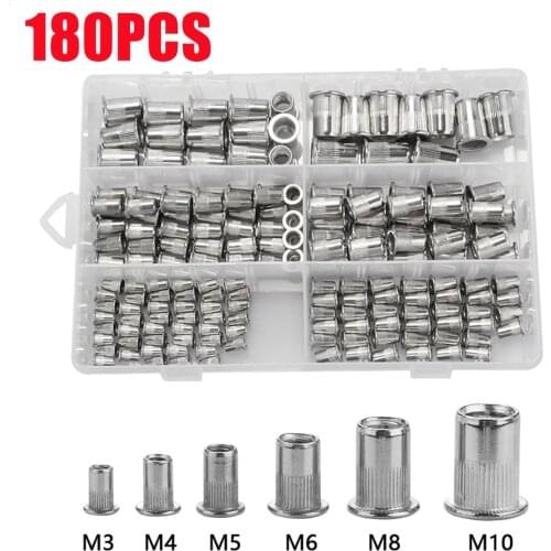 180pcs Box Stainless Steel Rivet Nuts M3 M4 M5 M6 M8 M10 Flat Head Threaded Rivet Insert Nutsert Rivet Nut Set Hardware Parts