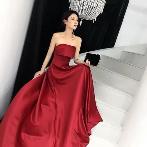 Satin Burgundy communion dresses Evening Dress prom party Robe De Soiree longue Formal Dress simple robe de soiree strapless