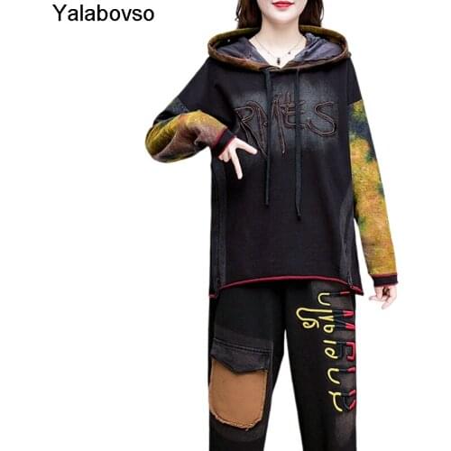 Harem Pants Two Piece Set Tracksuit Women Autumn 2020 New Womens Fashion Embroidered Hooded Denim Top And Small Foot