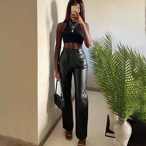 Autumn Faux Leather Pant Women Pockets Straight Pant Trousers Elegant High Waist Office Lady Slim Vintage Leisure Pants