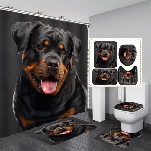 Black Dog Pets Design Shower Curtain with Mat Toilet Cover 4pcs Set Bathroom Waterproof Decor 180cm Customized Screen Covers