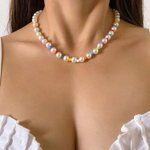 Elegant Fashion Colorful Beads Imitation Pearl Choker Necklace for Women Summer Beach Clavicle Necklace Collar Jewelry Gift