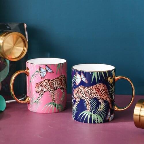 Europe Mugs Leopard Forest Cheetah Couple Bone China Coffee Cup Milk Water Afternoon Tea Party Drinking Home Drinkware Gift 2Pcs