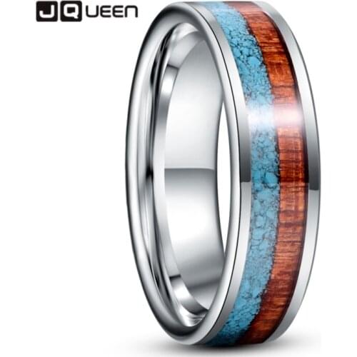 JQUEEN 6mm Inlaid Turquoise Wood Grain Steel Color Tungsten Carbide Ring Mens Fashion Wedding Jewelry Best Gift