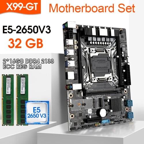 X99 GT Motherboard Set,E5 2650V3 LGA2011-3 CPU 2 *16GB =32G 2133MHz DDR4 ECC REG Memory,M.2 WIFI,NVME M.2 slot