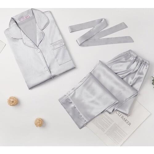 Grey Pajamas Set Women Sexy Female Pyjamas Full Sleeve Shirt Pants Lingerie Homewear Solid Color Belt Fashion Sleepwear