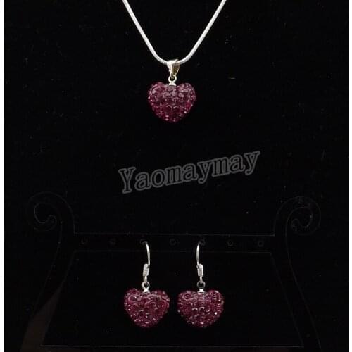 Bling Jewelry Set Rose Pink Heart Pendant Crystal Earrings And Necklace With Silver Plated Chain 5 Sets Wholesale