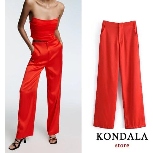KONDALA Za 2021 Bright Red Satin High Waist Long Pants Silk Wide Leg Vintage Fashion Autumn Trousers Streetwear Women Pants
