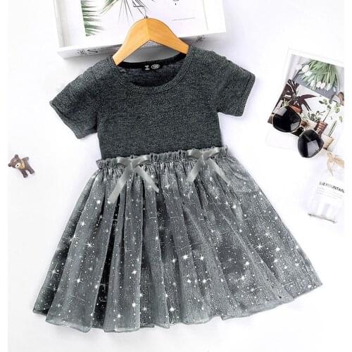 Summer Outfits Girls Princess Dress Kids Children Baby Short Sleeve Star Mesh Patchwork Dresses Vestidos Clothes S12393