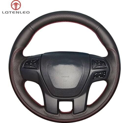LQTENLEO Black Genuine Leather Car Steering Wheel Cover For Ford Ranger 2015 2016 2017 2018 2019 2020 Everest 2016-2020