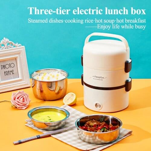 Mini Electric Rice Cooker Stainless Steel 3 Layers Steamer Portable Meal Thermal Heating Lunch Box Food Container Warmer