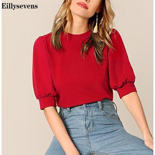 Fashion Autumn Women Casual Solid Colors Half Sleeve Narrow Cuffs O-Neck Blouses Elegant Loose Pullover Tops Blusas Femininas#g3