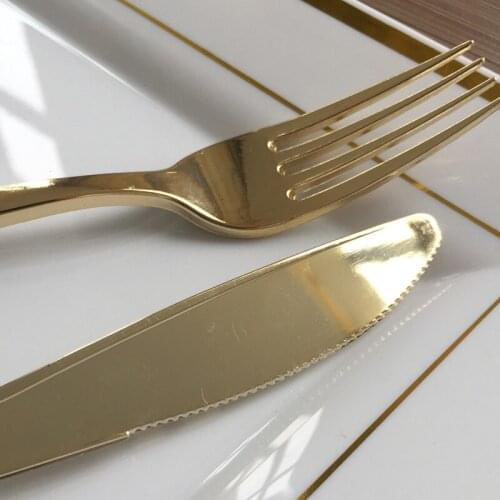 High-end gold disposable Western knife and fork spoons Dinner party wedding plastic tableware 60/set
