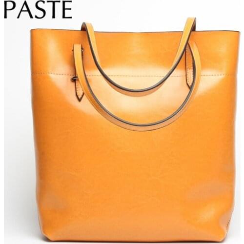 Orange Classical Women Handbag Oil Wax Cow Leather Female Shoulder Bag Simple Elegant Messenger Bag Big Tote High Quality