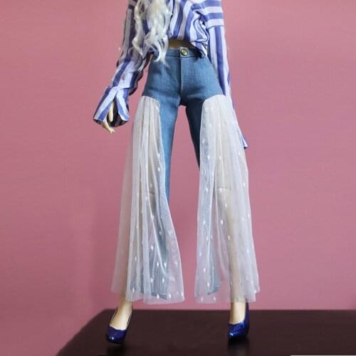 BJD Doll Clothes Pants Mock Two-Piece Lace Panel Wide Leg Jeans Modern for 1/3 1/4 DDL MDD MSD DD Doll Accessories