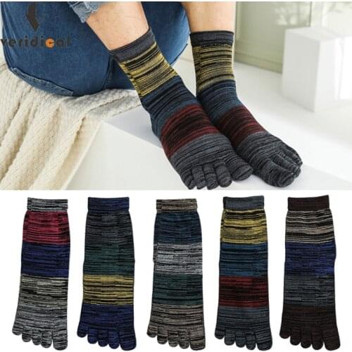 Autumn Winter Colorful Cotton Man Short Five Finger Socks Street Fashion Big Striped Novelty Happy Party Dress Socks With Toes