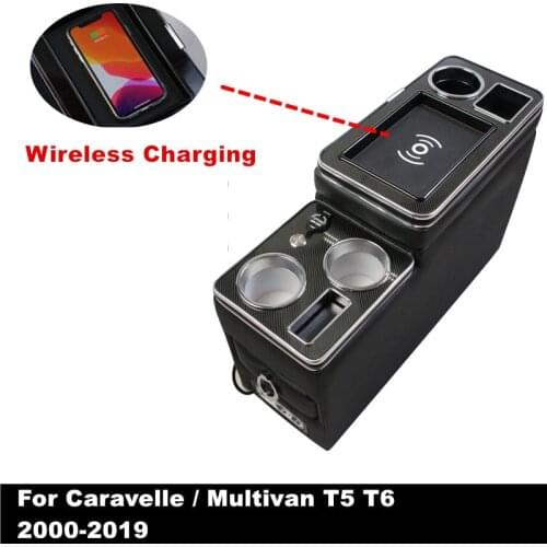 For VW Caravelle / Multivan T5 T6 2000-2019 Center Console Armrest Box with Atmosphere Light Phone Wireless Charging