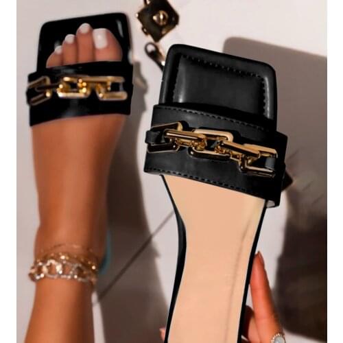 New Design Gold Chain Closed Toe Slip On Mules Shoes Flat Heels Square Head Casual Slides Flip Flop 2021 Women Slipper Sandals