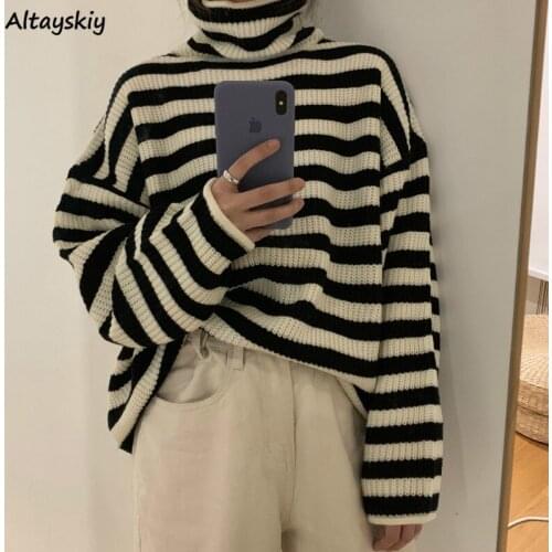 Turtleneck Sweater Women Loose Popular Female Striped Leisure Simple Soft Trendy All Match Korean Style College Lovely Autumn
