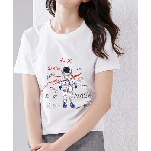 Womens T-shirt Ins Style Casual Self-cultivation Cartoon Fantasy Space Astronaut Print Series Soft O-neck Commuter Ladies Top
