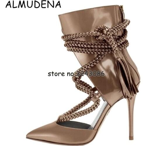 Rope Lace Up Women Pointy Toe Stiletto High Heels Ankle Booties Black Brown Leather Woman Cut-outs Rome Style Sandal Boots Shoes
