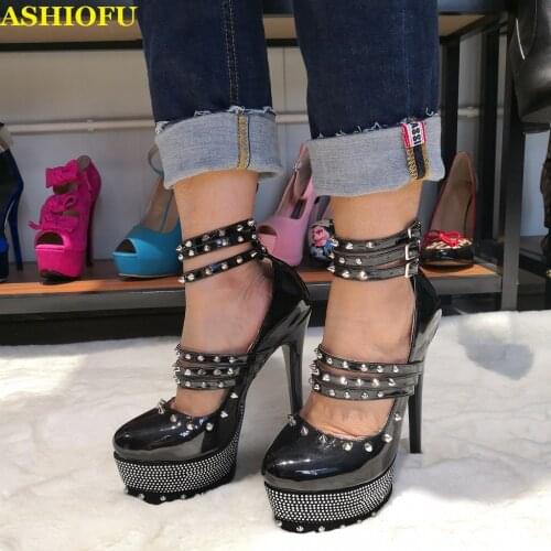 ASHIOFU Handmade Real Photos Ladies High Heel Platform Pumps Rivets Spikes Sexy Party Prom Dress Shoes Fashion Court Shoes