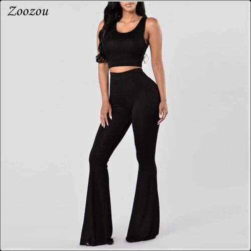 Women Summer Black 2 Two Piece Sets Plus Size Sleeveless O Neck Low V Back Crop Tops Sets Tank Tops Long Flared Pants Set Custom