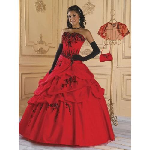 Free shipping 2015 lace New Red and Black Ball Gown Evening Dress Prom dresses with jacket Custom sweetheart embroidery beading