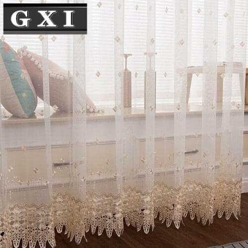 GXI Beige Embroidery Tulle Window Curtains Living Room Hollow Sheer Curtains for Bedroom Europe Voile for Kitchen Customized