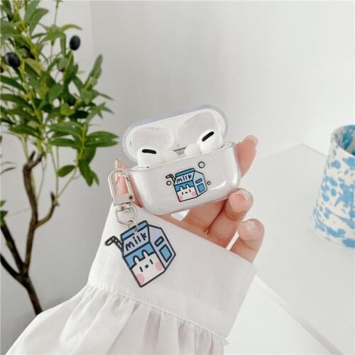 For Airpods 1 2 Case Milk Transparent Clear Cute Cartoon Soft Silicone Cases for Apple airpods pro Cover Funda Keychain Keyring
