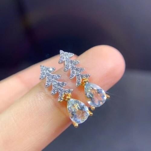 Personality cute christmas tree natural blue Aquamarine stone drop earrings 925 silver Natural gemstone earring girl for party
