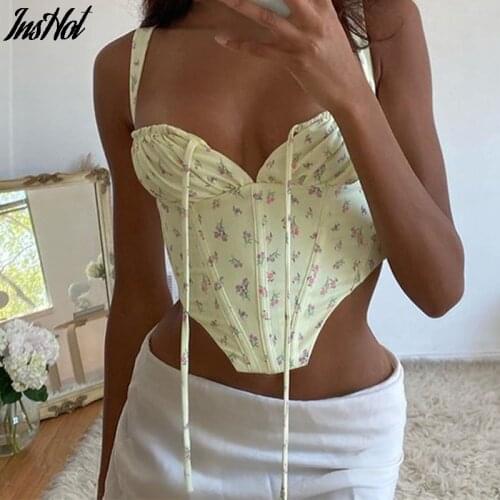 2021 Sexy Floral Print Tunic Female Crop Top Women Camisole Summer Ruched Lace Up Streetwear Tank Top Ladies Camis Vest Zipper