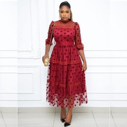 Summer Net Yarn Half Sleeve Midi Dress Women 2021 New Elegant Office Lady A-Line Dresses Dashiki Sexy Plus Size African Robe 5XL