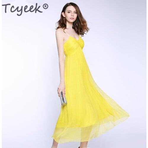 Tcyeek Summer Vintage Dress Women Real Silk Dresses 2020 Korean Elegant Long Sexy White Vestidos Ladies Boho Party Dress 88001