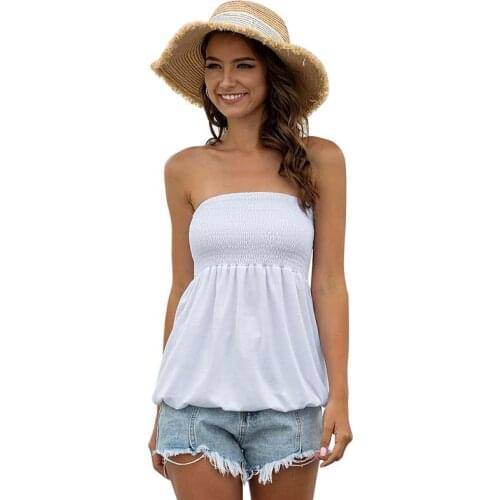 Summer Women Tops Solid Color Pleated Sleeveless Tshirt Casual Loose Fashion Strapless Sexy Top Ruffled Slash Neck T-shirt
