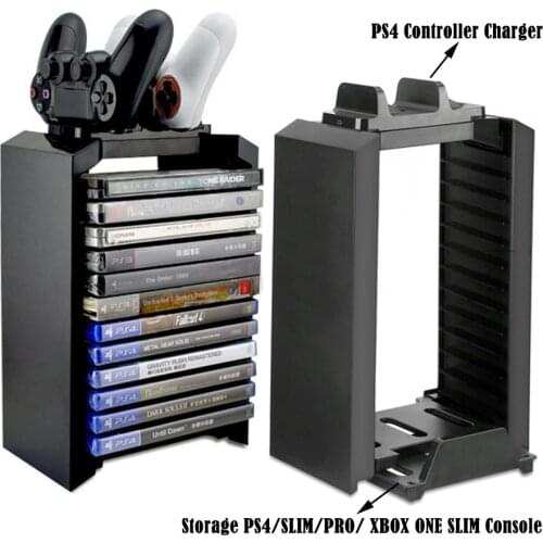 PS4 Slim Pro Console Multifunactional Game Disc Storage Tower Stand with Controller Charging Dock Station for XBOX ONE Slim