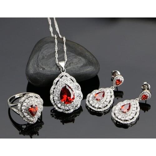 Fashion Women Sterling Silver 925 Jewelery Red Garnet Cubic Zirconia Crystal Earrings/Pendant/Necklace/Ring Jewelry Sets