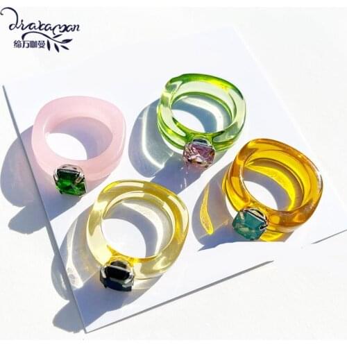 Dvacaman 2021 New Trendy Transparent Resin Acrylic Rhinestone Colourful Geometric Square Round Rings Set for Women Jewelry Party