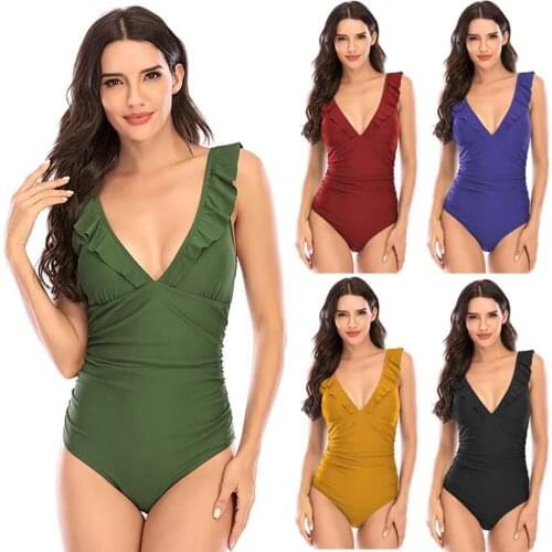 Solid Black Ruffled One-piece Swimsuit Women Sexy Lace up Monokini Swimwear 2021 New Girl Beach Bathing Suits