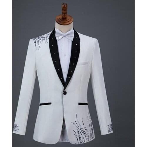 Singer star style stage red white clothing for men hot drilling suit set with pants mens wedding suits costume formal dress tie