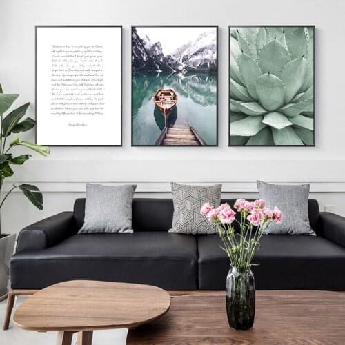 Nordic Style Landscape Lake Boat Green Plant Leaves Cactus Tree Canvas Painting Wall Picture Poster Home Living Room Decoration