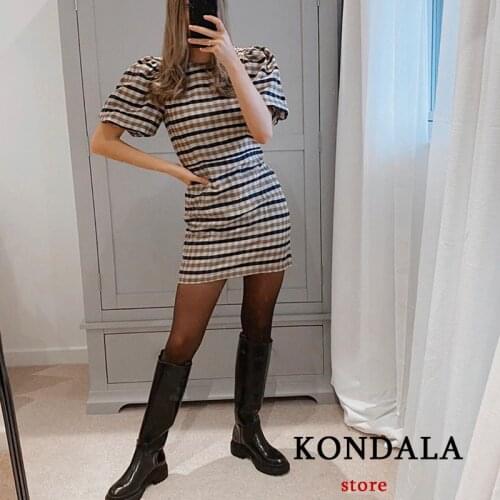 KONDALA Women Dress Za Fashion 2021 Plaid Print Vintage Mini Dress Short Puff Sleeve Straight O Neck Mujer Vestidos