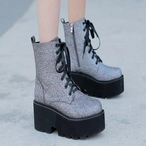 Silver boots Fashion Women Boots Square Heel demonia boots platform shoes Elestic Band Thigh High Shoes Black Fur boots YMB365