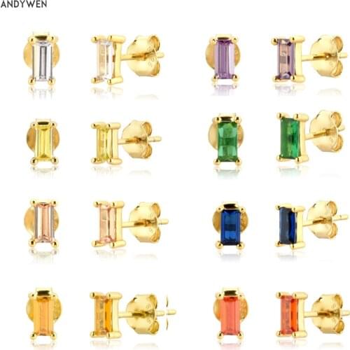 ANDYWEN 925 Sterling Silver Colorful Rainbow Square Stud Earring White Purple Gemstone Piercing Ohrringe Pendiente Fine Jewelry