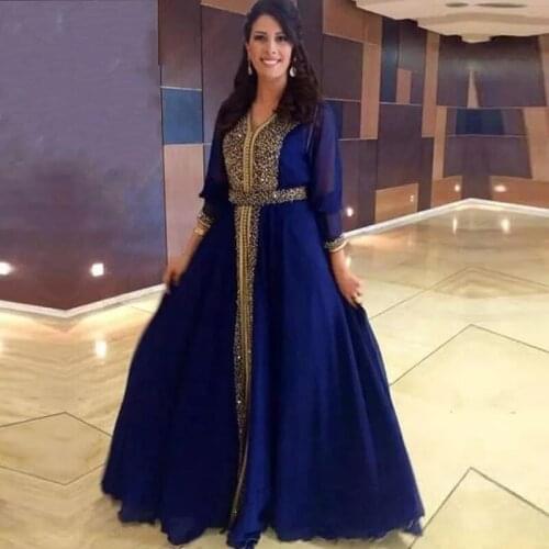 Royal Blue Chiffon Evening Dresses 2019 Long Sleeves Vintage Saudi Arabian Muslim Red Carpet Formal Party Gowns with Gold Beads