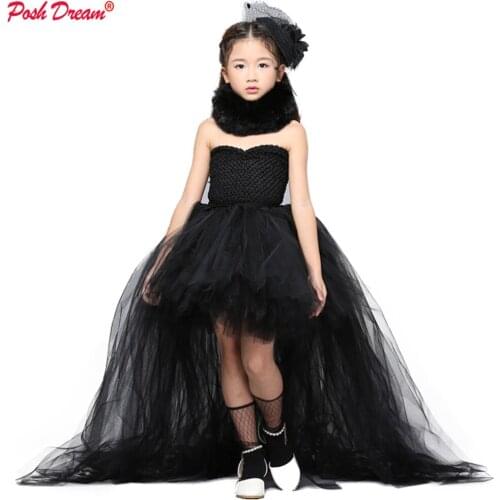 POSH DREAM Black Shoulderless Children Kids Party Clothes with Train Tulle Vintage Black Toddler Baby Girls Halloween Costume