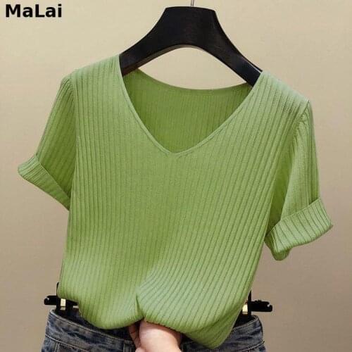 New Ice Silk V-neck Solid Color Knitted Sweater Female Short-sleeved Rib Was Thin Slim Decorative Jumpers Pullover Women Spring