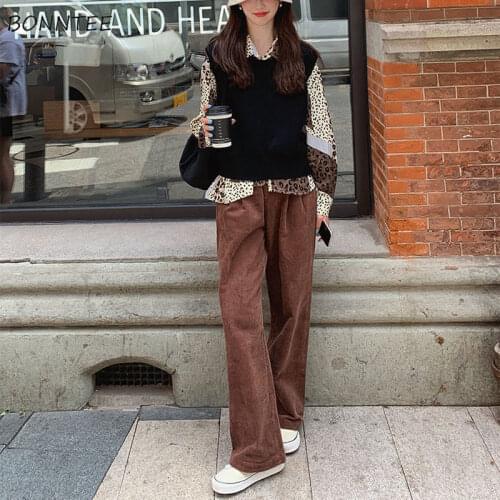 Women Casual Pants Vintage Elastic High Waist Corduroy Solid Wide Leg Full Length Loose All-match Chic Harajuku Ulzzang Female