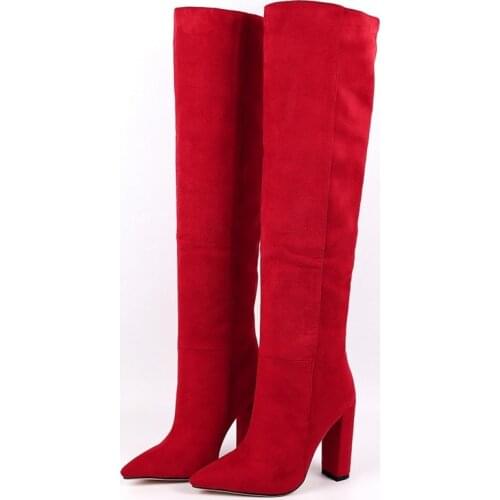 2021 New Women Over The Knee High Boots Square Hihh Heels Winter Shoes Sewing Pointed Toe Sexy Flock Women Boots Red Size 34-43